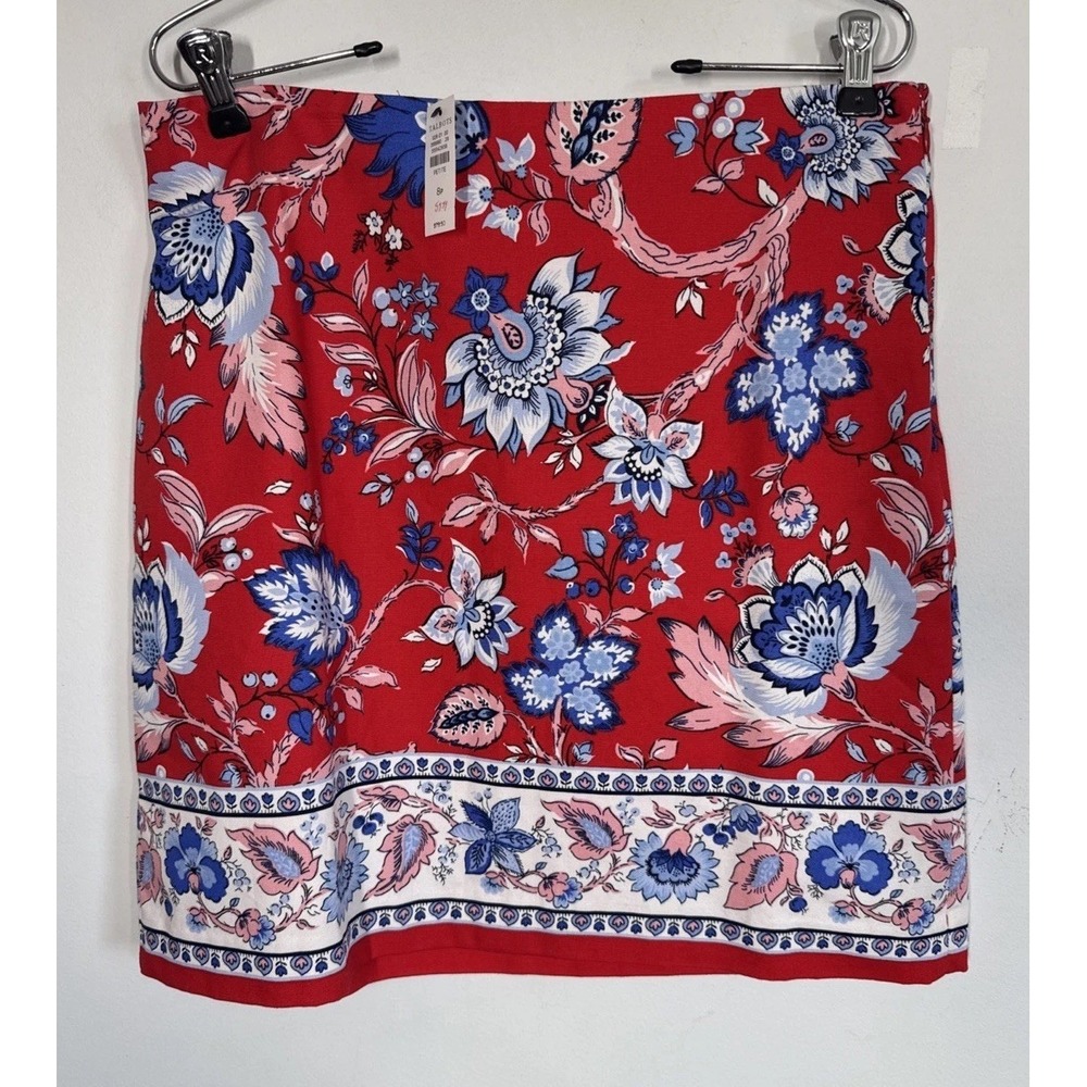 Talbots Canvas A-Line Skirt Vibrant Red Climbing Floral Cotton Blend Size 8P NWT